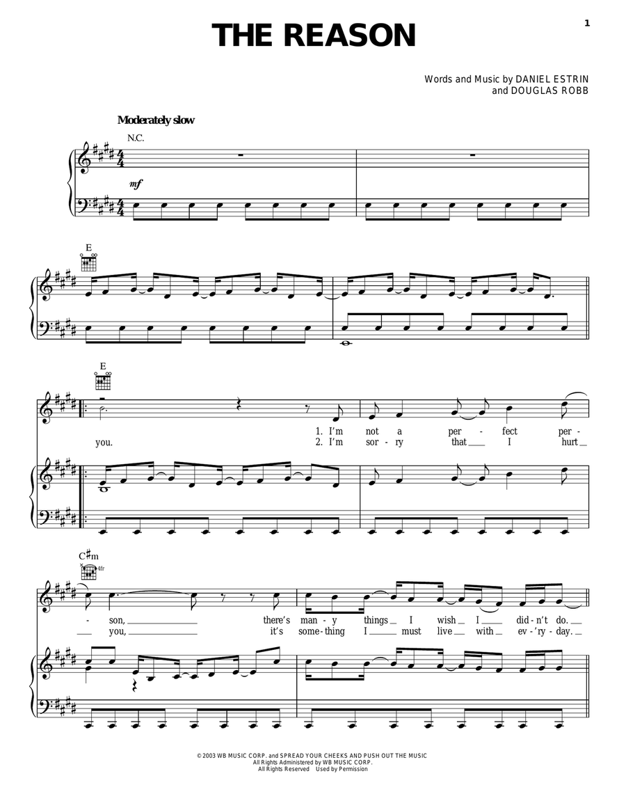 The Reason Piano, Vocal, Guitar scores gallery preview page 1