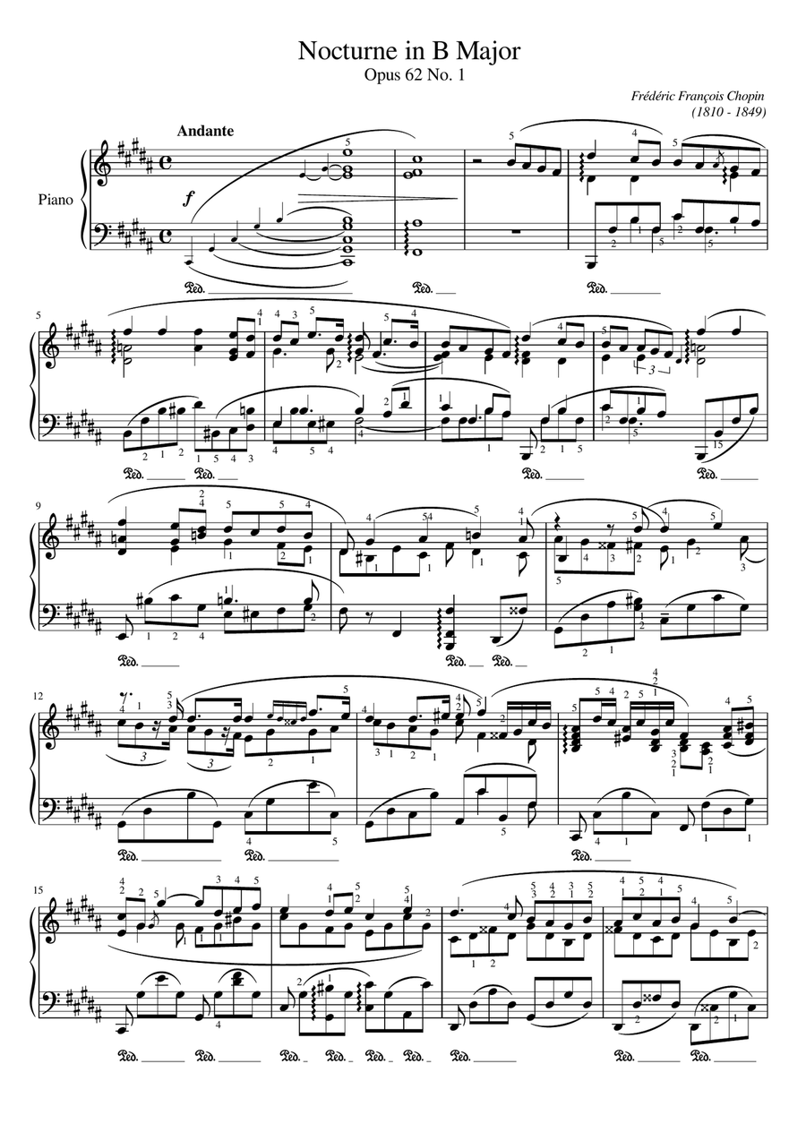 Chopin - Nocturnes Op.62 No.1 in B Major Andante - Original With Fingering For Piano Solo Piano Solo scores gallery preview page 1