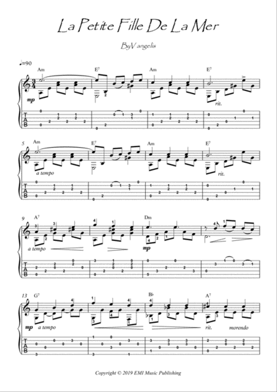 La Petite Fille De La Mer La Petite Fille De La Mer Guitar Tablature scores gallery preview page 1