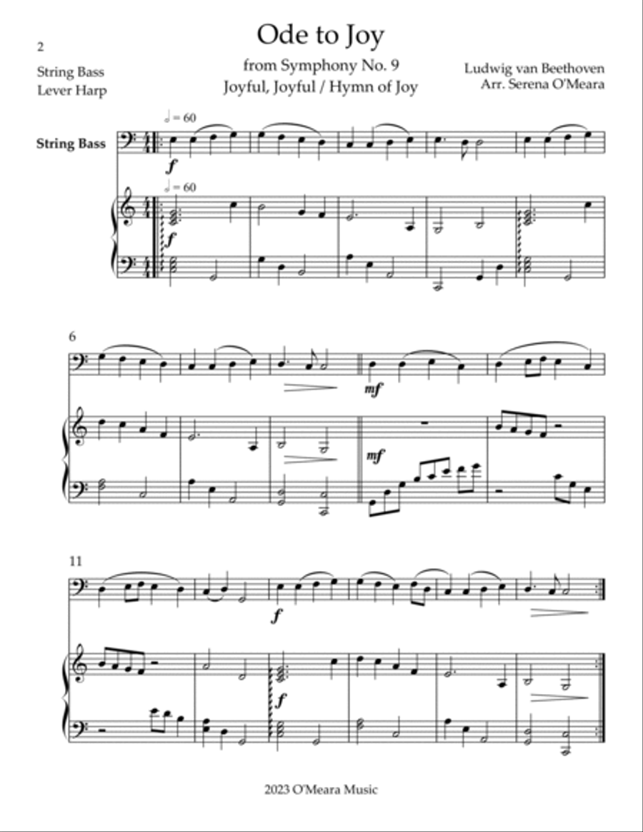Ode to Joy, Duet for String Bass & Lever Harp String Duet scores gallery preview page 2