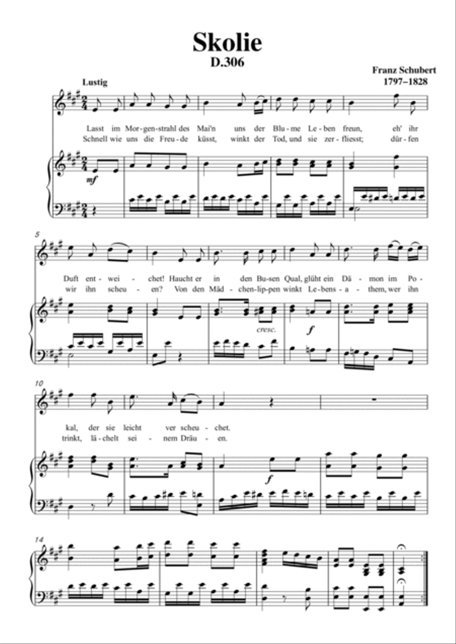 Schubert-Skolie(Skolion;Drinking Song),D.306 in A for Vocal and Piano Voice scores gallery preview page 2