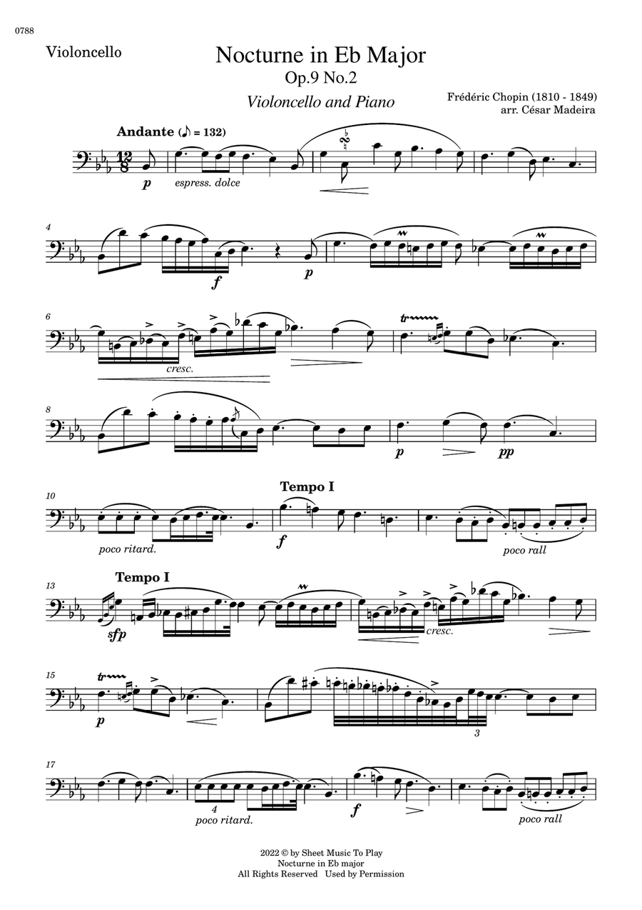 Nocturne Op.9 No.2 by Chopin - Cello and Piano (Individual Parts) Piano scores gallery preview page 1