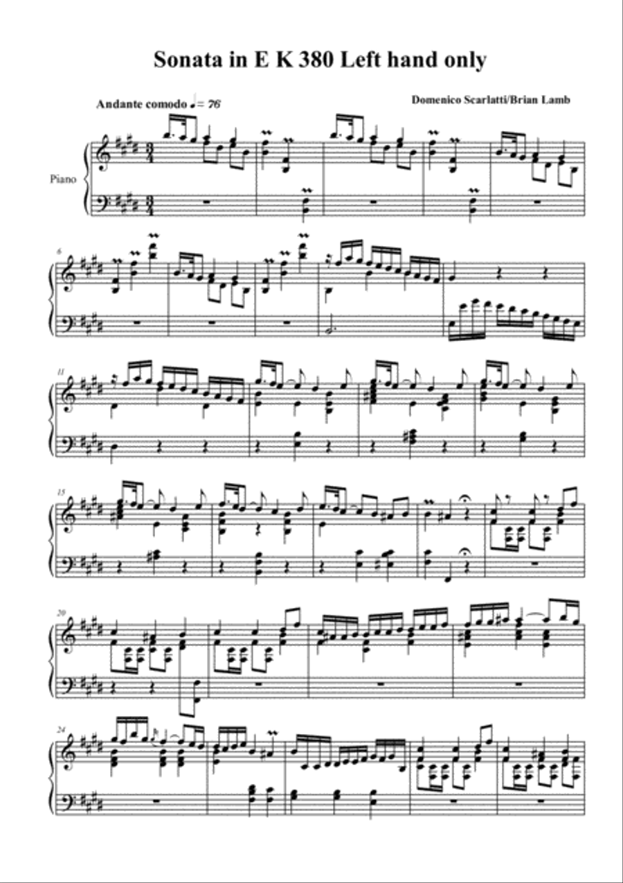 Scarlatti Sonata K.380 for left hand alone Piano Method scores gallery preview page 1