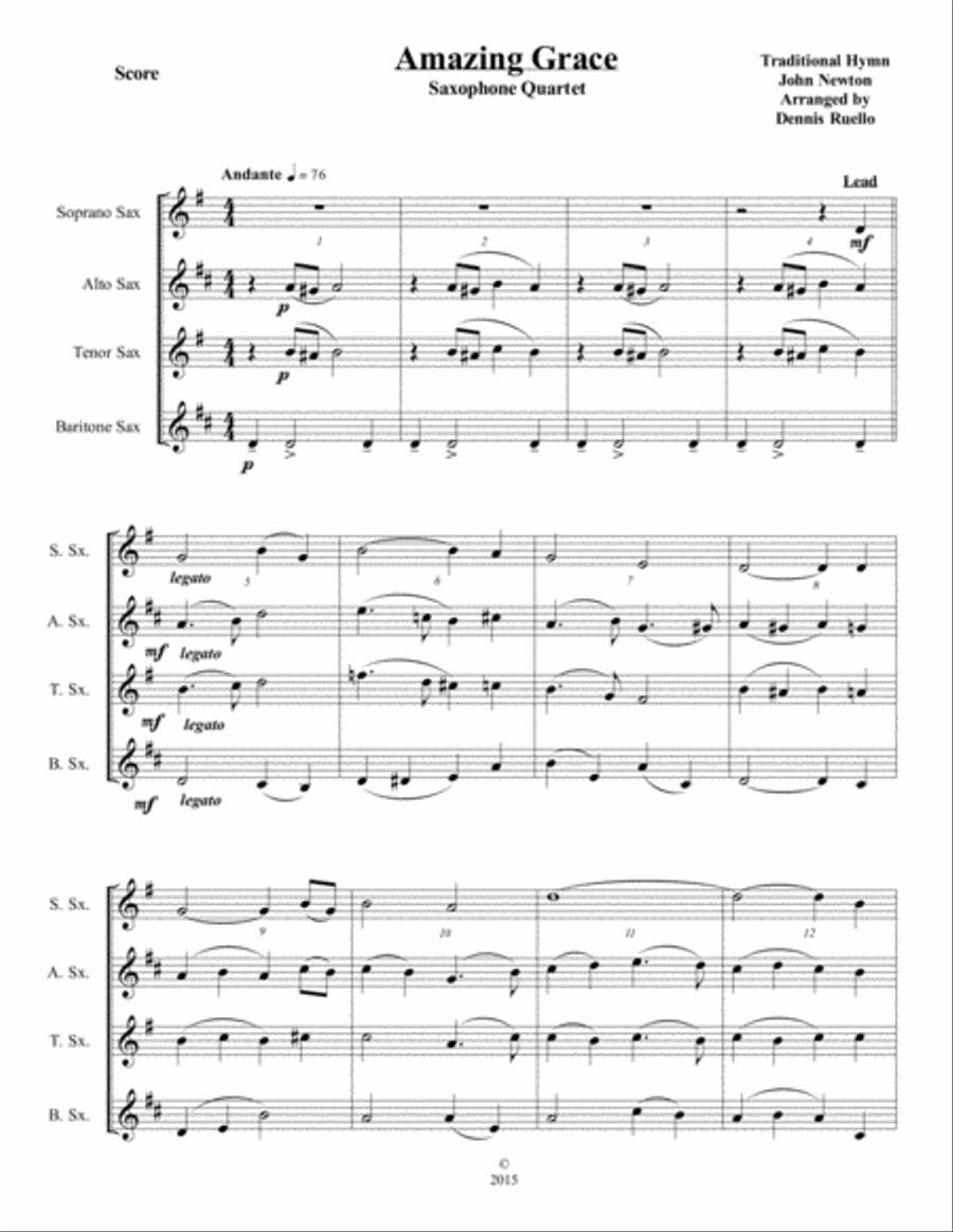 Amazing Grace - Saxophone Quartet (SATB or AATB) - Jazz Funeral Style Saxophone Quartet scores gallery preview page 1