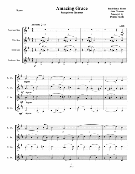 Amazing Grace - Saxophone Quartet (SATB or AATB) - Jazz Funeral Style image number null