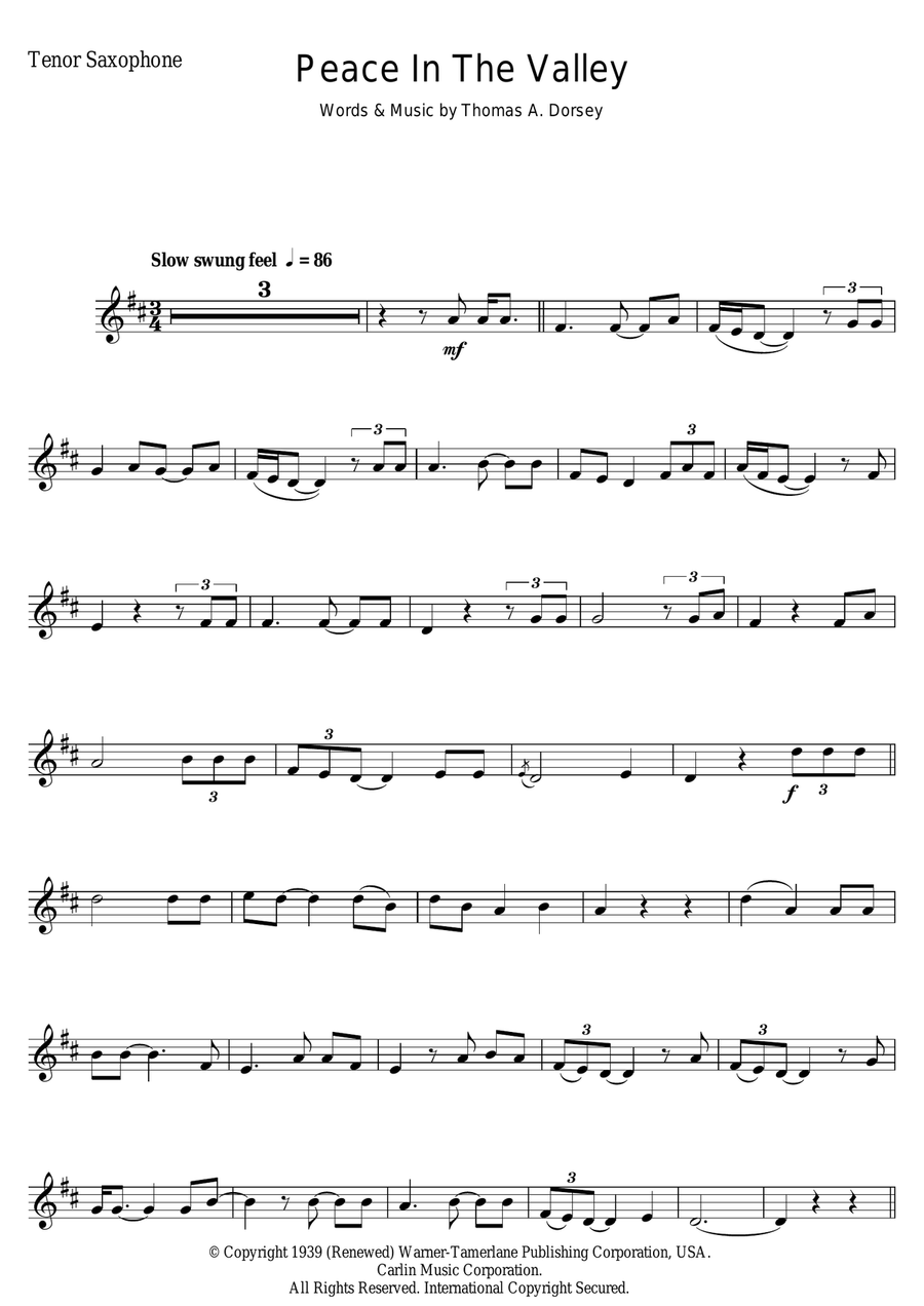 (There'll Be) Peace In The Valley (For Me) Tenor Saxophone scores gallery preview page 1
