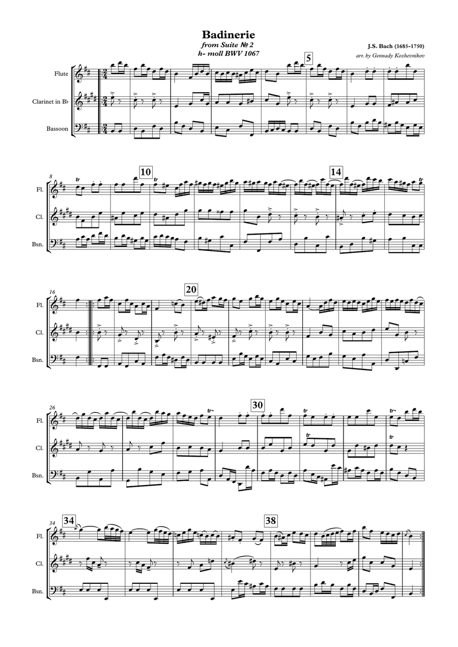 J.S. Bach, Badinerie from Suite #2 h-moll (BWV 1067) Woodwind Trio scores gallery preview page 1