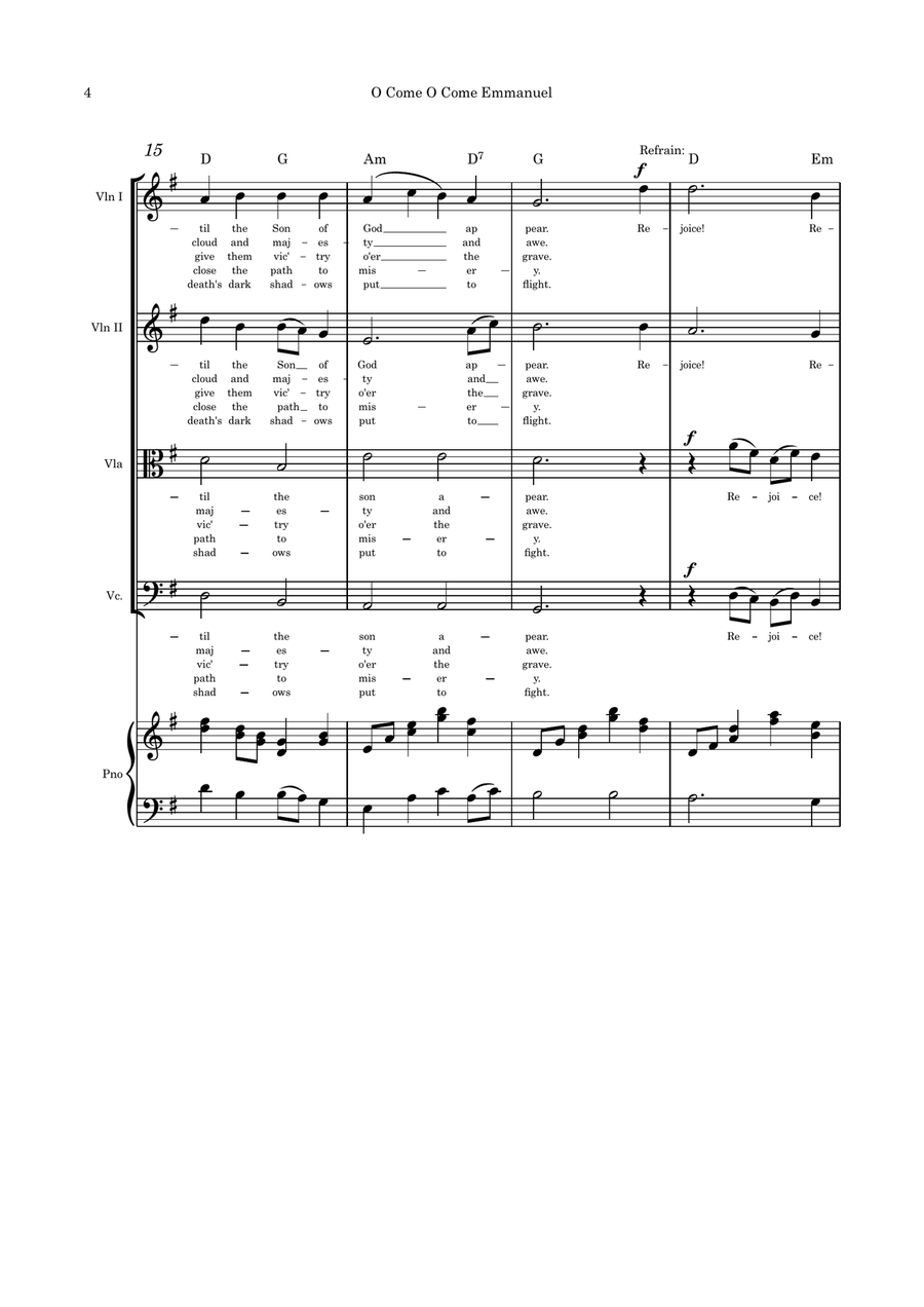 O Come O Come Emmanuel/I Heard the Voice of Jesus Say Strings and piano with parts pages Small Ensemble scores gallery preview page 4