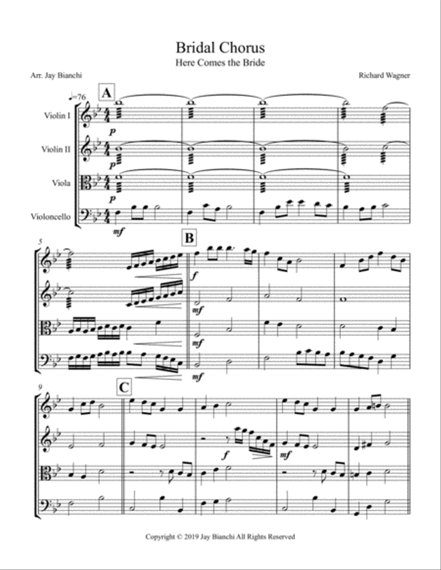 Here Comes the Bride - Bridal Chorus for String Quartet String Quartet scores gallery preview page 1