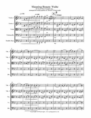 Sleeping Beauty Waltz by Tchaikovsky arranged for string quartet with optional bass part; score & pa