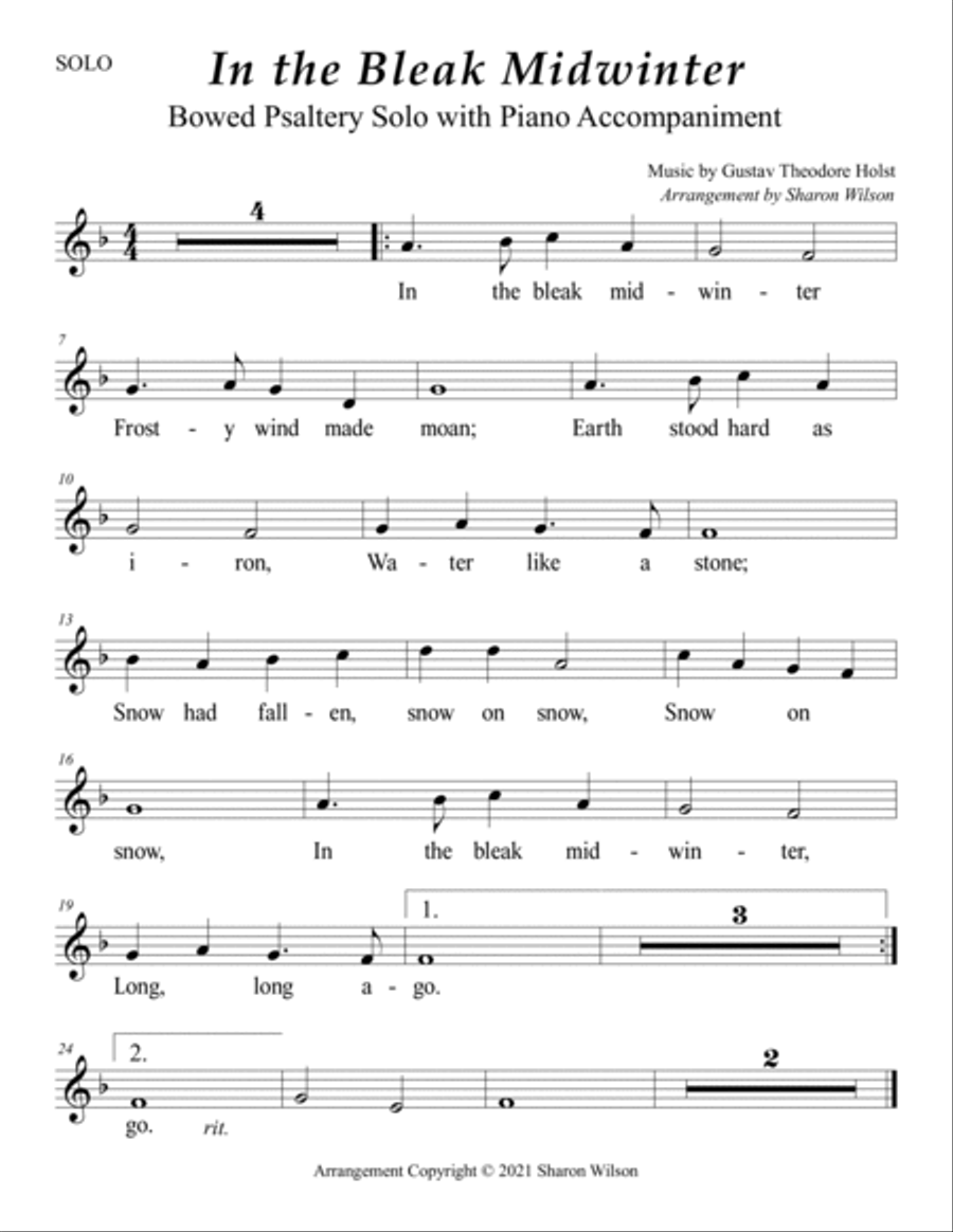 In the Bleak Midwinter (Easy Bowed Psaltery Solo with Piano Accompaniment) Zither scores gallery preview page 2