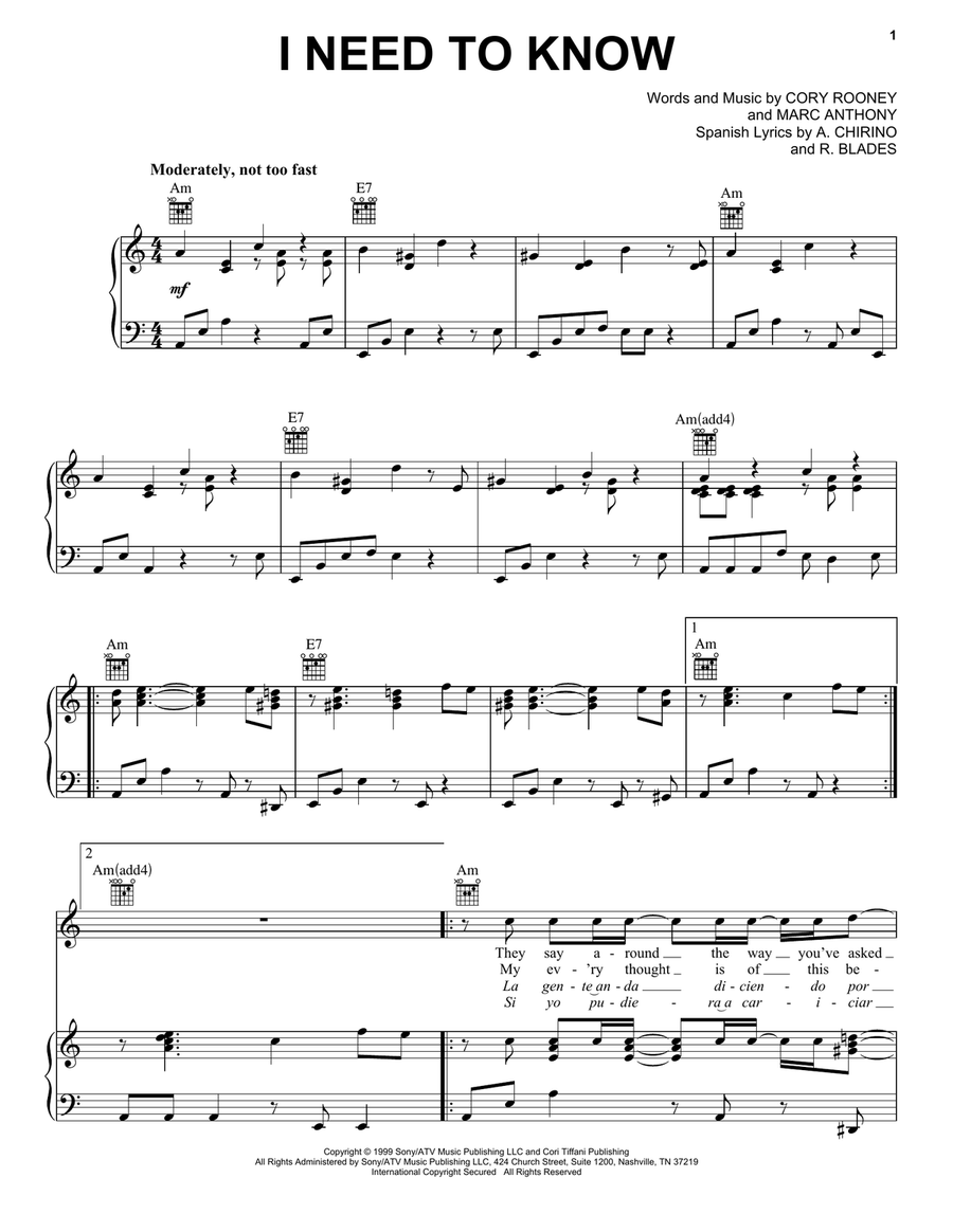 I Need To Know Piano, Vocal, Guitar scores gallery preview page 1