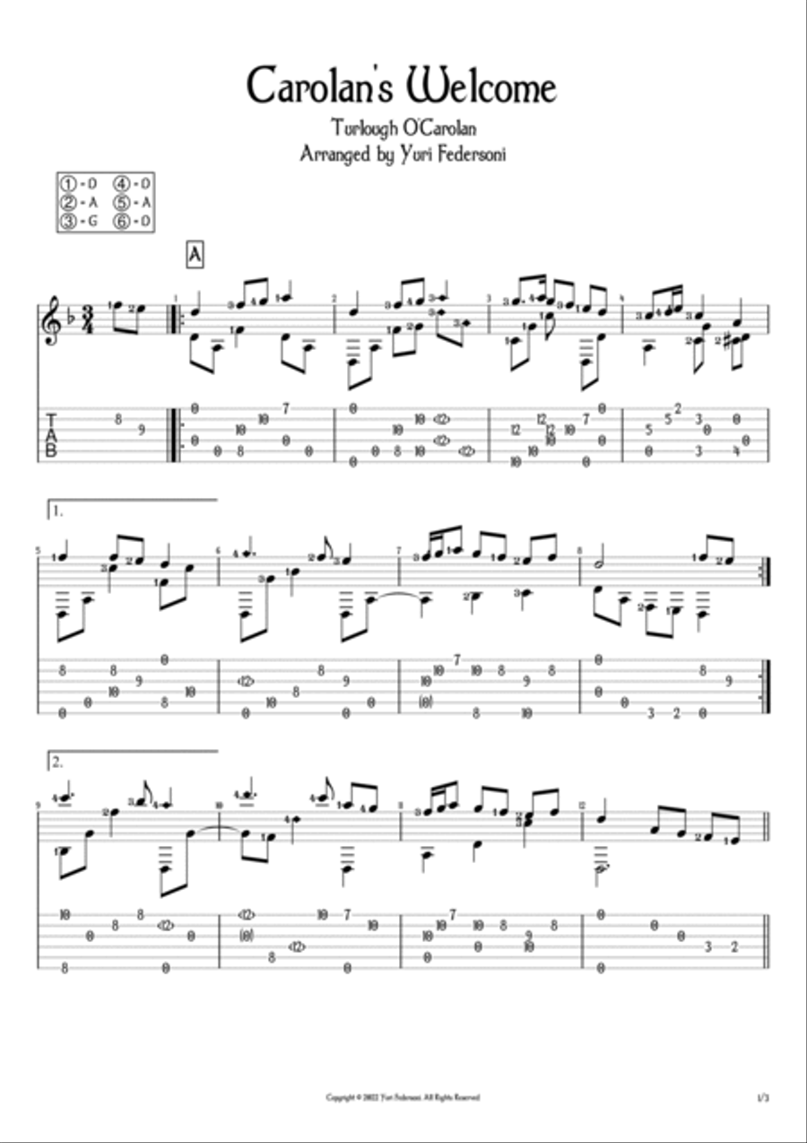 Carolan's Welcome (Turlough O'Carolan) - Fingerstyle Guitar TAB (DADGAD) Acoustic Guitar scores gallery preview page 2