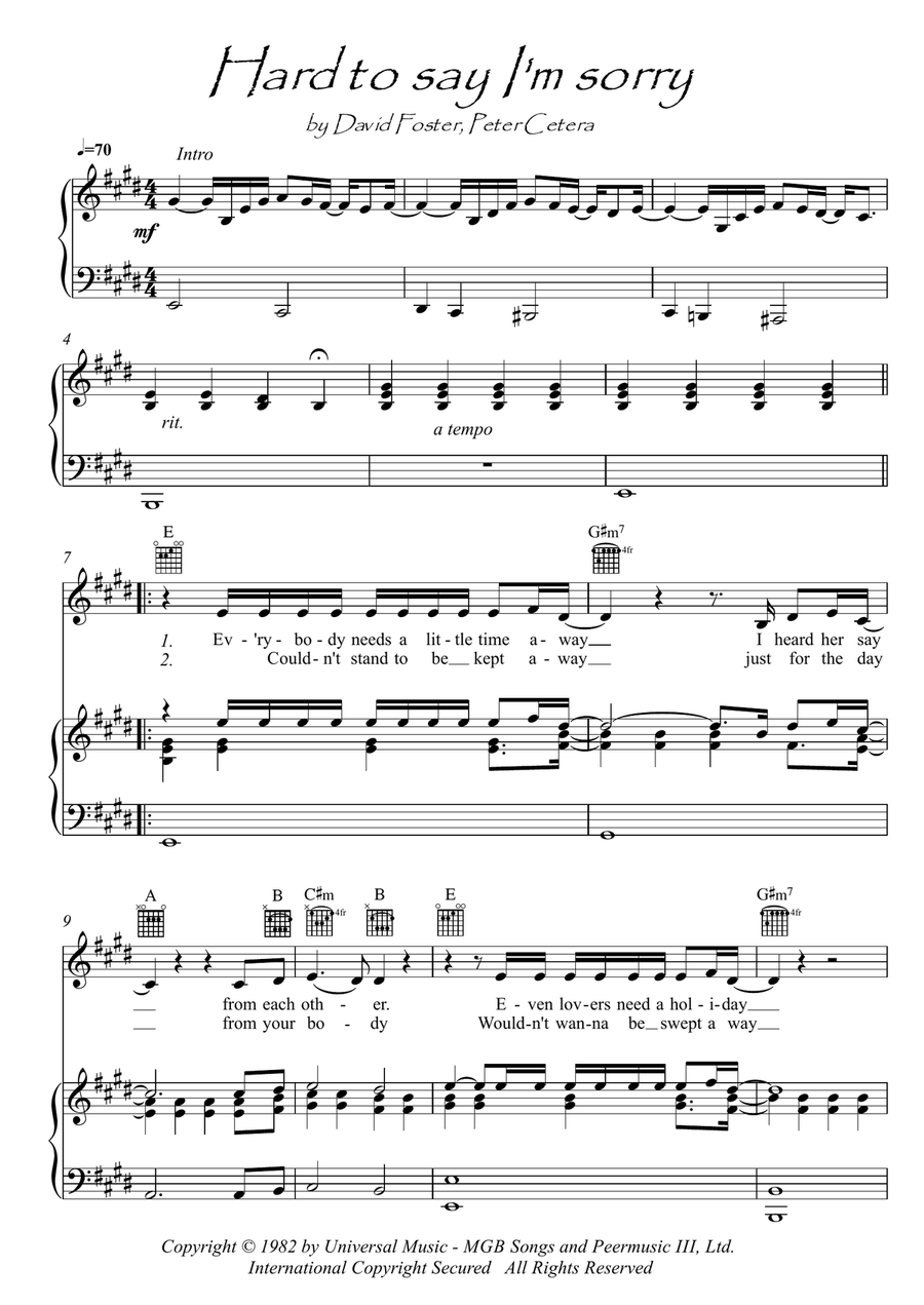 Hard To Say I'm Sorry by Az Yet featuring Peter Cetera Piano, Vocal - Digital Sheet Music