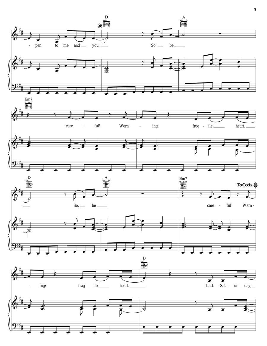 Fragile Heart Piano, Vocal, Guitar scores gallery preview page 3