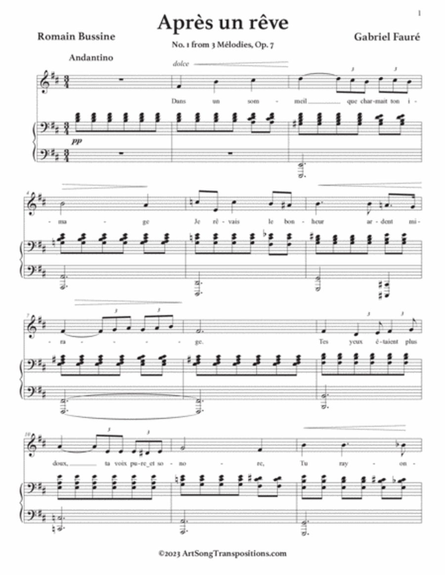 FAURÉ: Après un rêve, Op. 7 no. 1 (transposed to B minor, B-flat minor, and A minor)