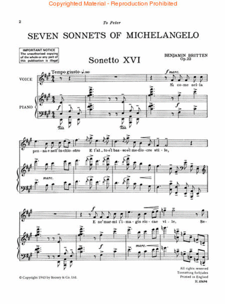 Seven Sonnets of Michaelangelo, Op. 22 by Benjamin Britten Voice - Sheet Music