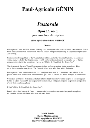 Book cover for Paul-Agricole Génin: Pastorale, Opus 15, no. 1 for alto saxophone and piano
