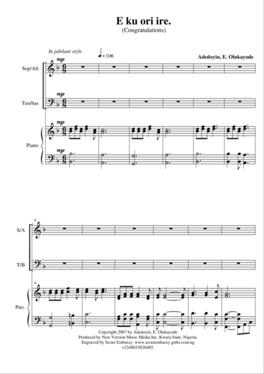 Eku ori ire (Congratulations) Voice Solo scores gallery preview page 1
