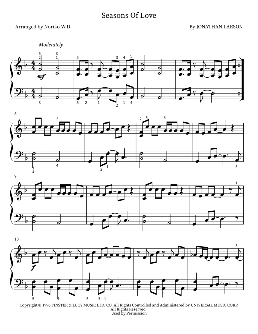 Seasons Of Love Piano Solo scores gallery preview page 1