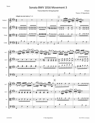 Book cover for Bach: Sonata BWV 1016 Movement 3 arr. for String Quartet