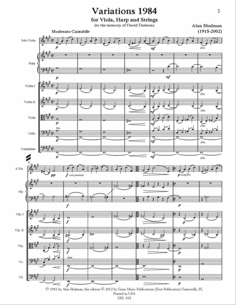 Variations 1984 for Solo Viola, Harp and Strings Harp scores gallery preview page 2