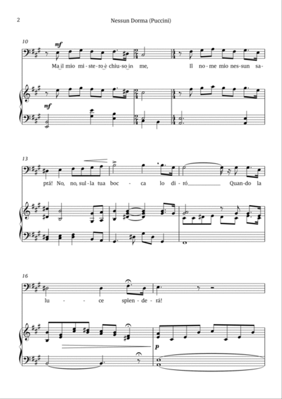 Nessun Dorma (for baritone or bass and piano) Chamber Music scores gallery preview page 2