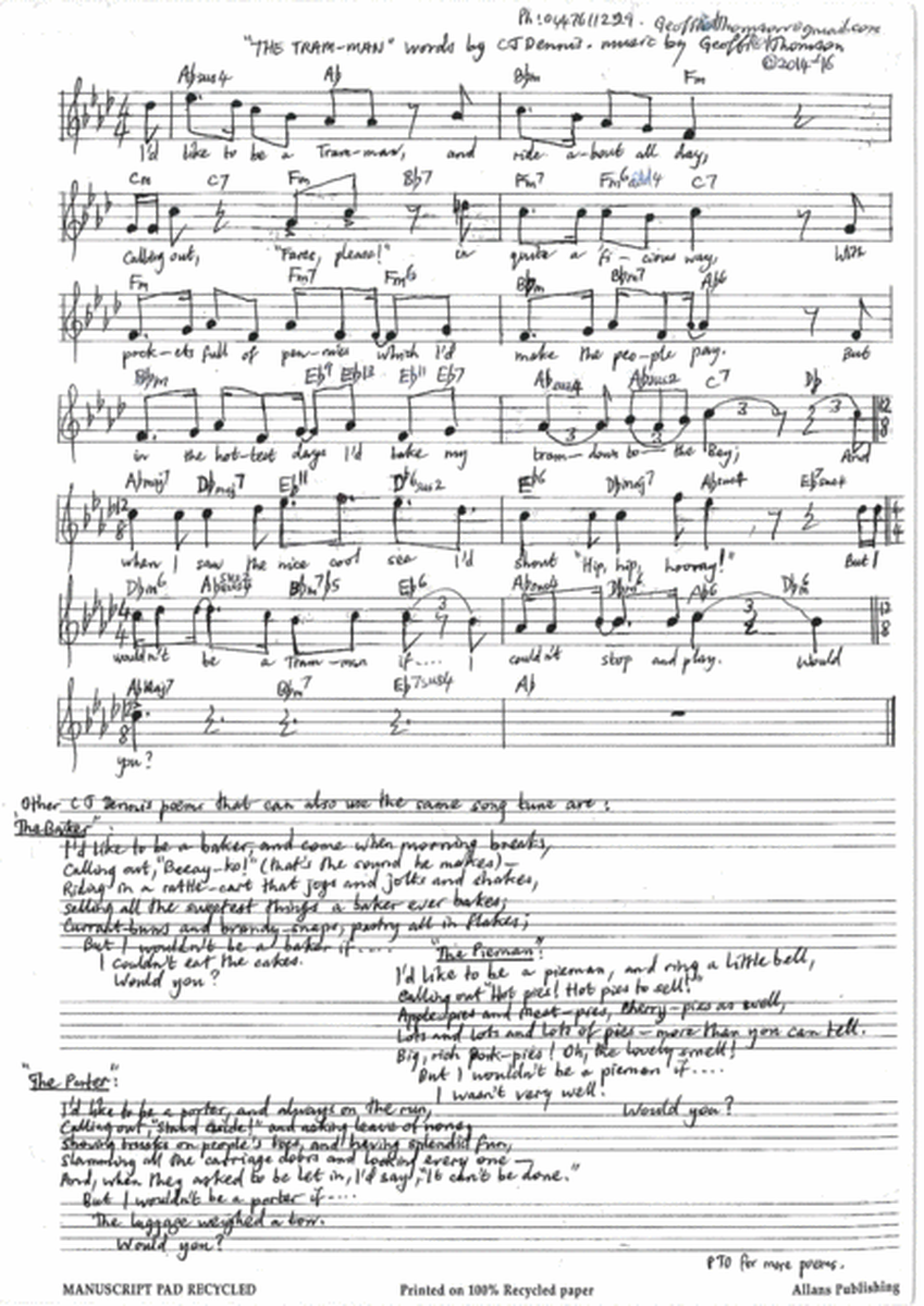 THE TRAM-MAN. lead sheet& #CJDennis words AND piano
