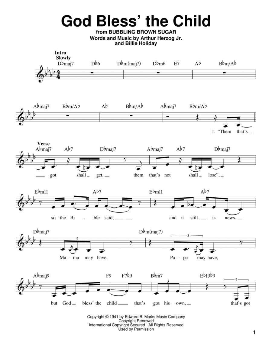 God Bless' The Child God Bless' The Child Voice scores gallery preview page 1