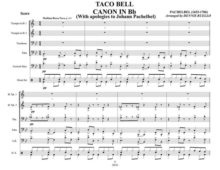TACO BELL CANON IN Bb - Brass Quartet with optional Acoustic Bass and Drum Set parts - Bossa Nova Small Ensemble scores gallery preview page 1