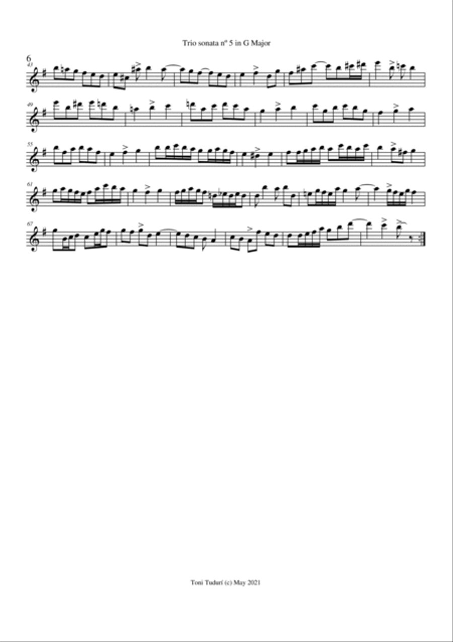 Trio sonata nº5 in G Major for flute, violin & cello or 2 violins & cello and basso continuo (PARTS Small Ensemble scores gallery preview page 6