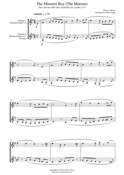 The Minstrel Boy (The Moreen) (for clarinet (Bb) duet, suitable for grades 2-5) image number null