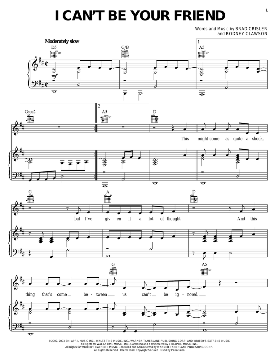I Can't Be Your Friend I Can't Be Your Friend Piano, Vocal, Guitar scores gallery preview page 1