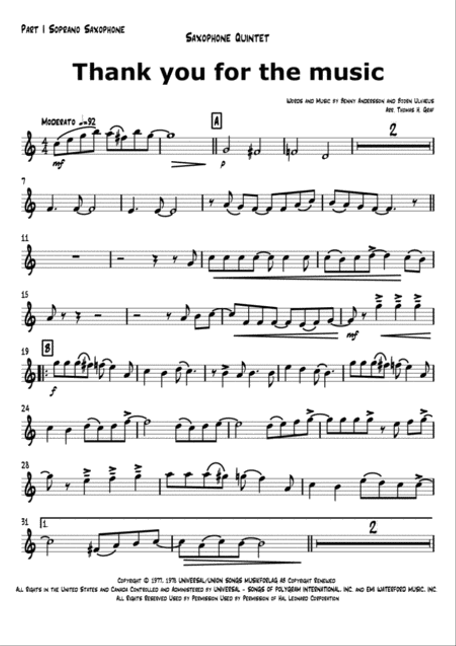 Thank You For The Music Saxophone Quintet scores gallery preview page 5