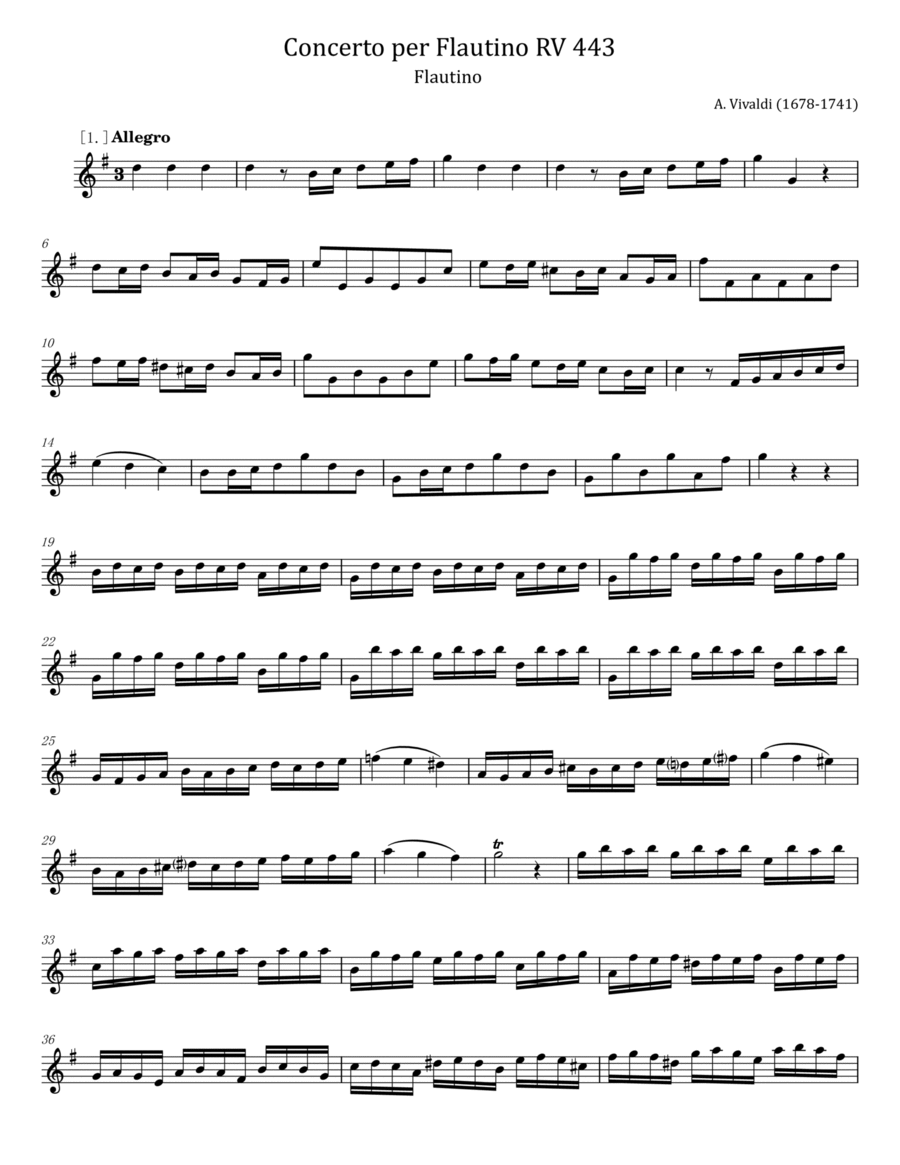 Vivaldi - Flautino Concerto RV 443 - For Flute Solo In G Major - Original Complete Flute Solo scores gallery preview page 1