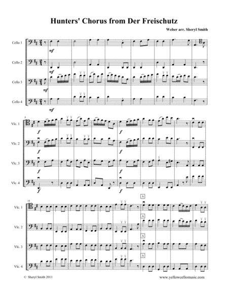 Hunters' Chorus from Der Freischutz arranged for intermediate cello quartet (four cellos)