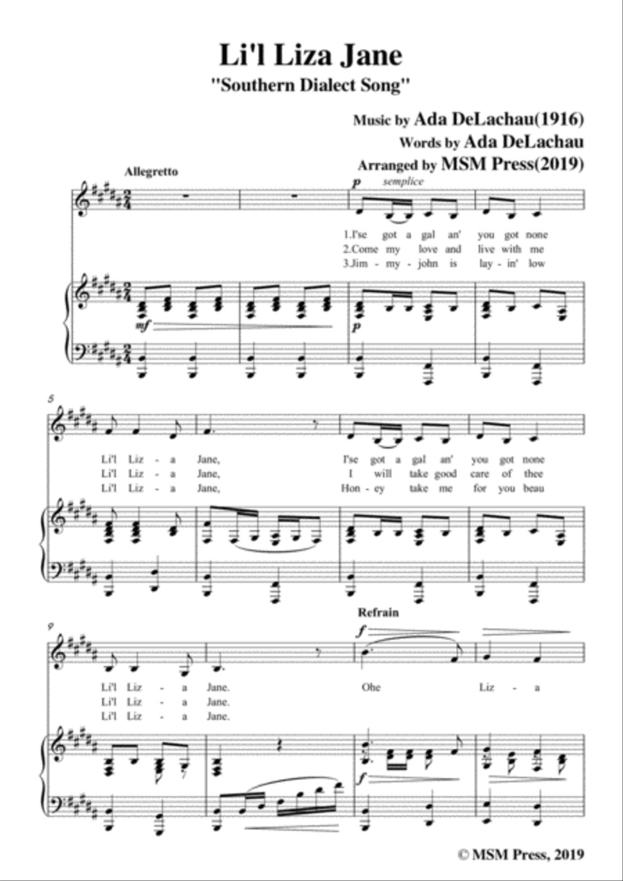 Ada DeLachau-Li'l Liza Jane,in B Major,for Voice and Piano Voice Solo scores gallery preview page 3