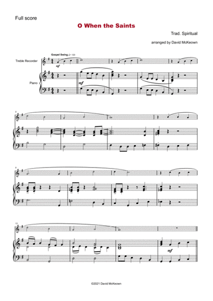O When the Saints, Gospel Song for Treble Recorder and Piano