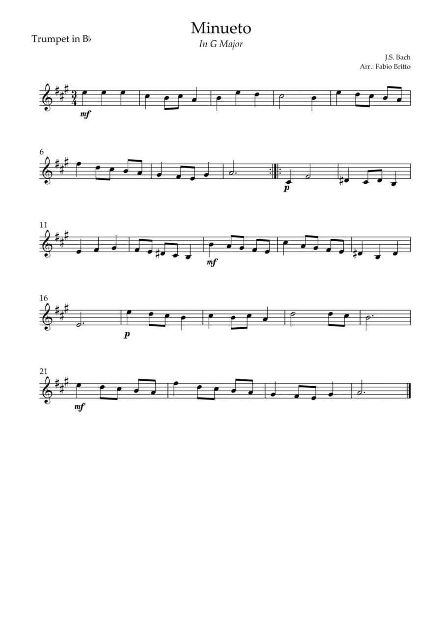 Minueto in G Major J.S. Bach for Trumpet in Bb Solo by Johann