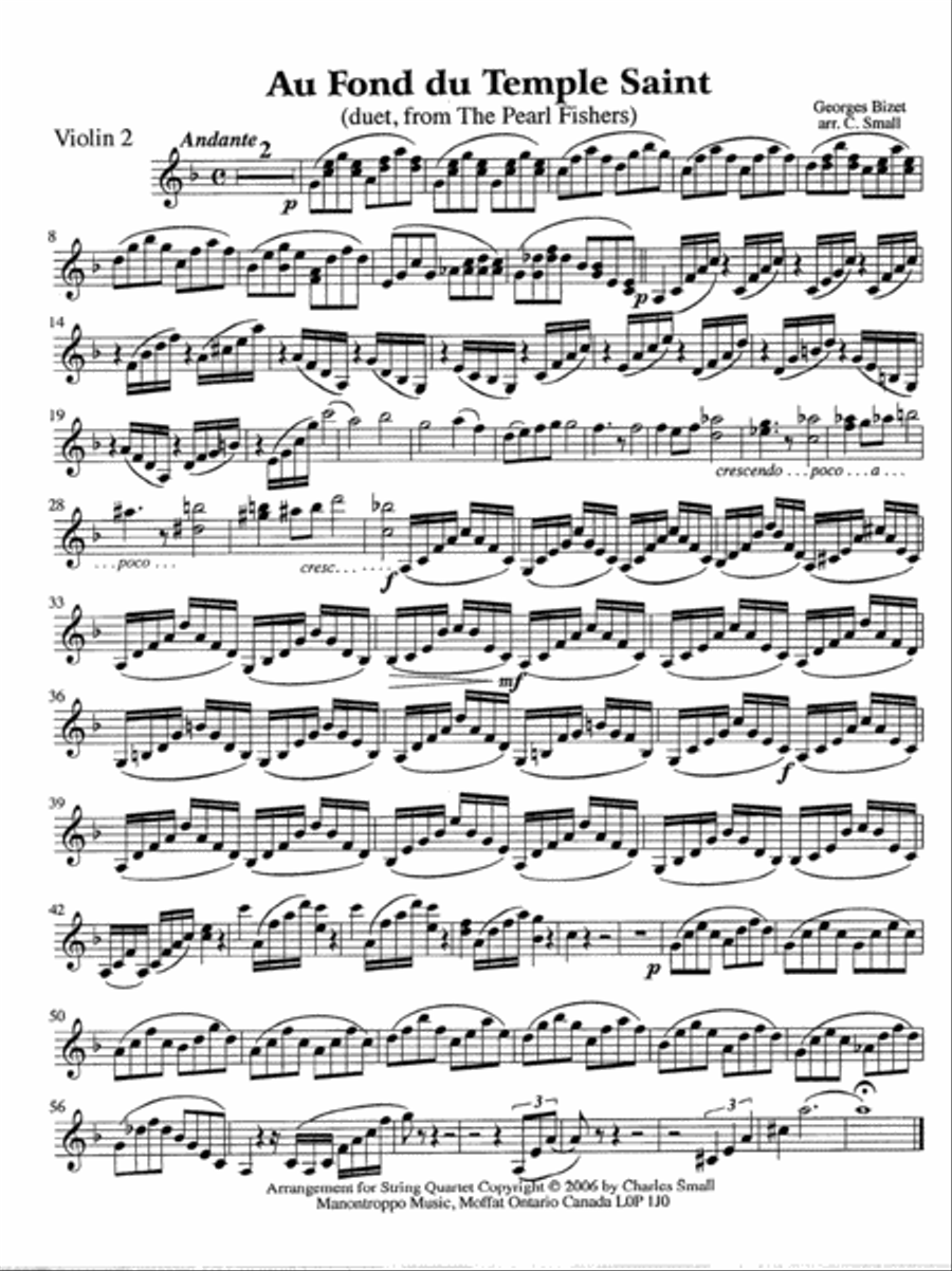 Au Fond du Temple Saint (duet, from The Pearl Fishers) String Quartet scores gallery preview page 2