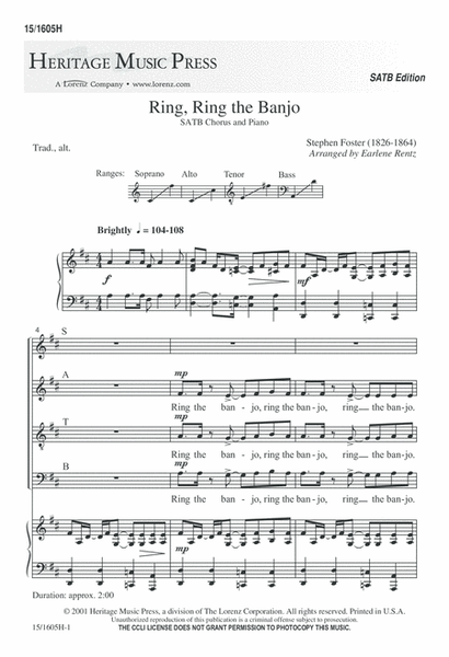 Ring, Ring the Banjo by Earlene Rentz 4-Part - Digital Sheet Music