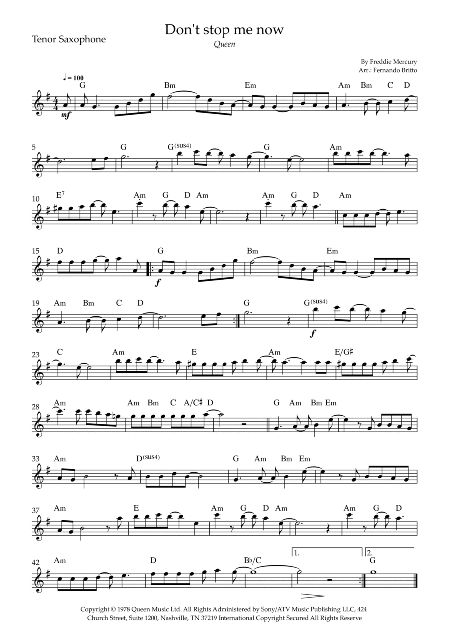 Don't Stop Me Now Tenor Saxophone scores gallery preview page 1