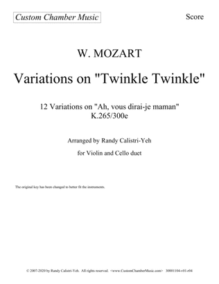 Book cover for Mozart 12 Variations on "Twinkle Twinkle Little Star" ("Ah, vous dirai-je maman") for Violin and Cel