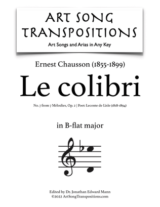 Book cover for CHAUSSON: Le colibri, Op. 2 no. 7 (transposed to B-flat major)