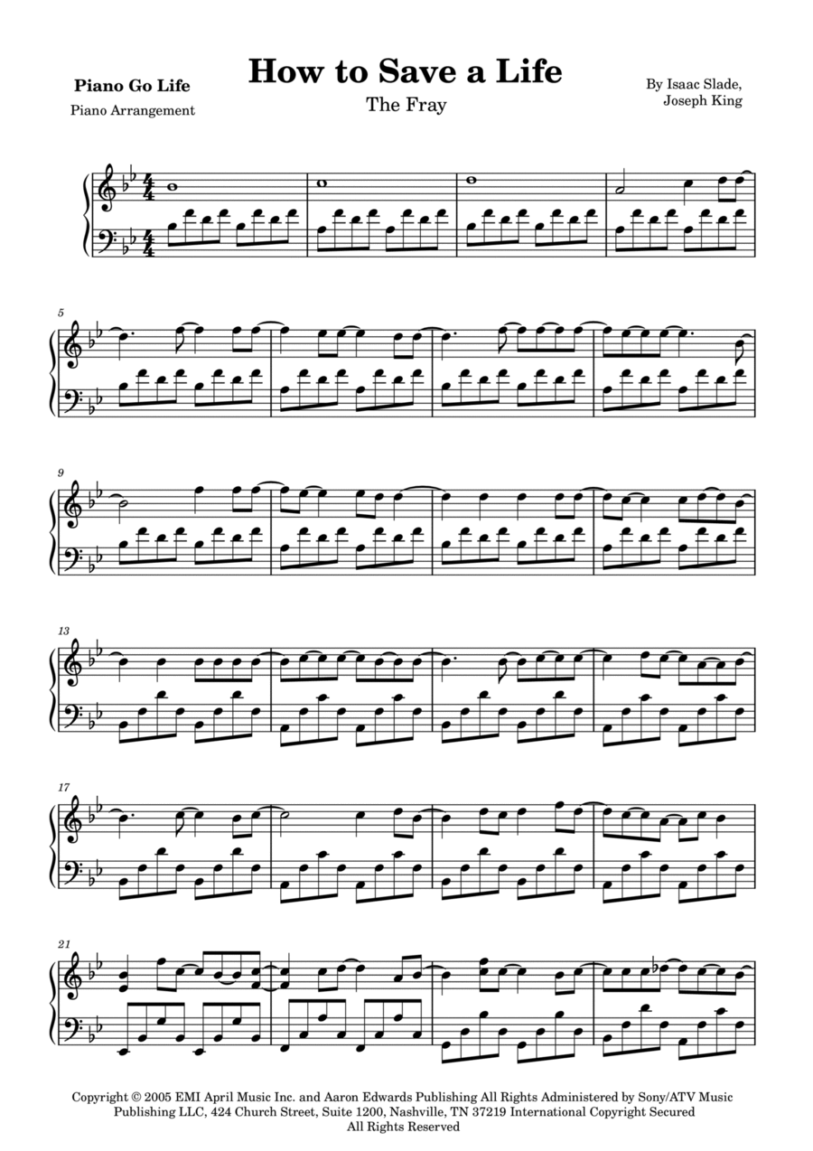 How To Save A Life Piano Solo scores gallery preview page 1