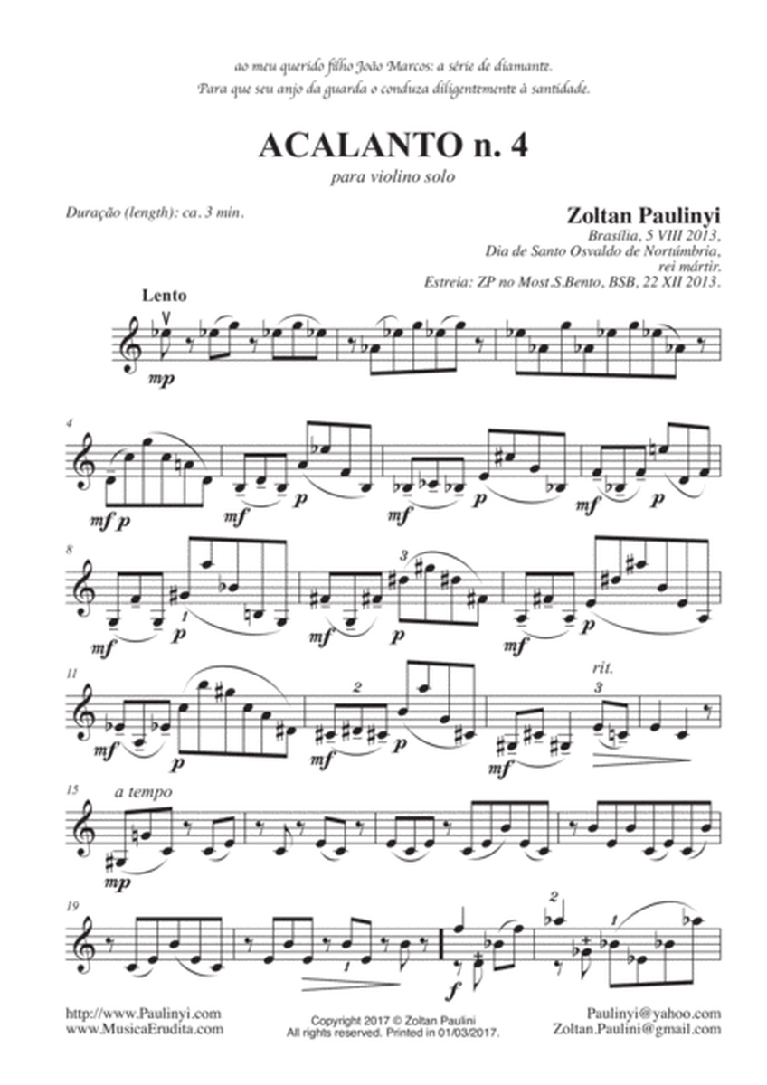 Acalanto (Berceuse) n. 4 for solo violin (2013). Includes version for solo viola/cello image number null