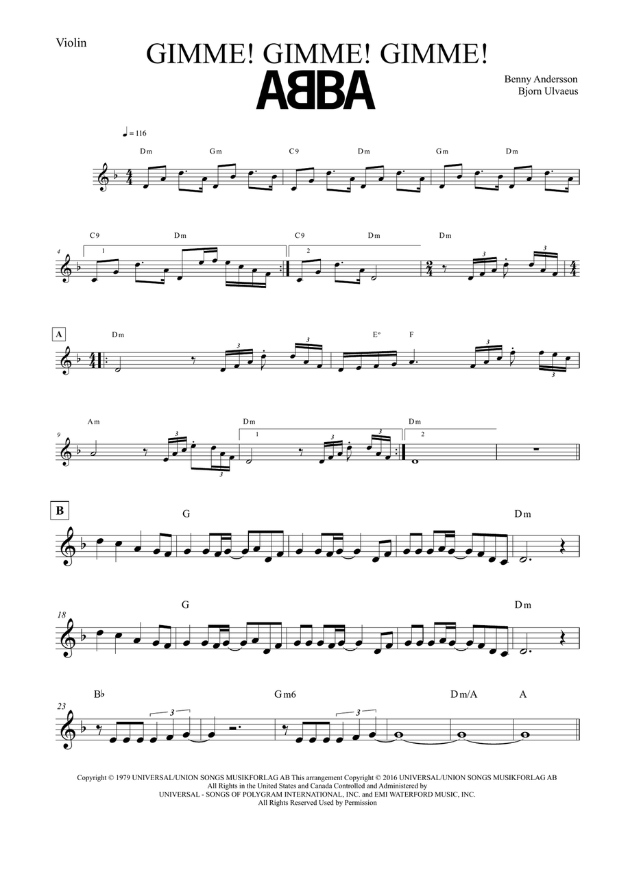 Gimme! Gimme! Gimme! (A Man After Midnight) Violin Solo scores gallery preview page 1