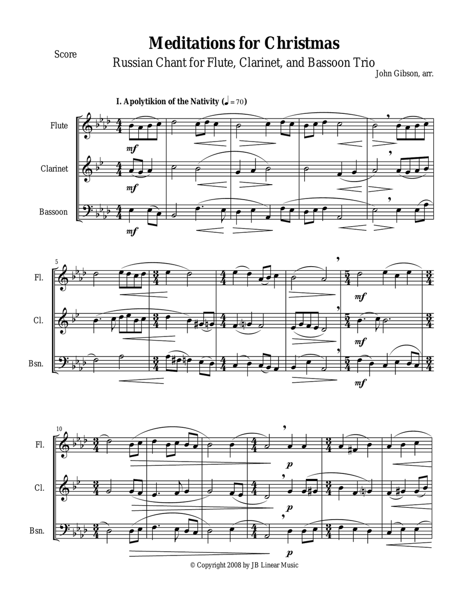 Meditations for Christmas, Russian Chant for Flute, Clarinet, and Bassoon Trio Woodwind Trio scores gallery preview page 1