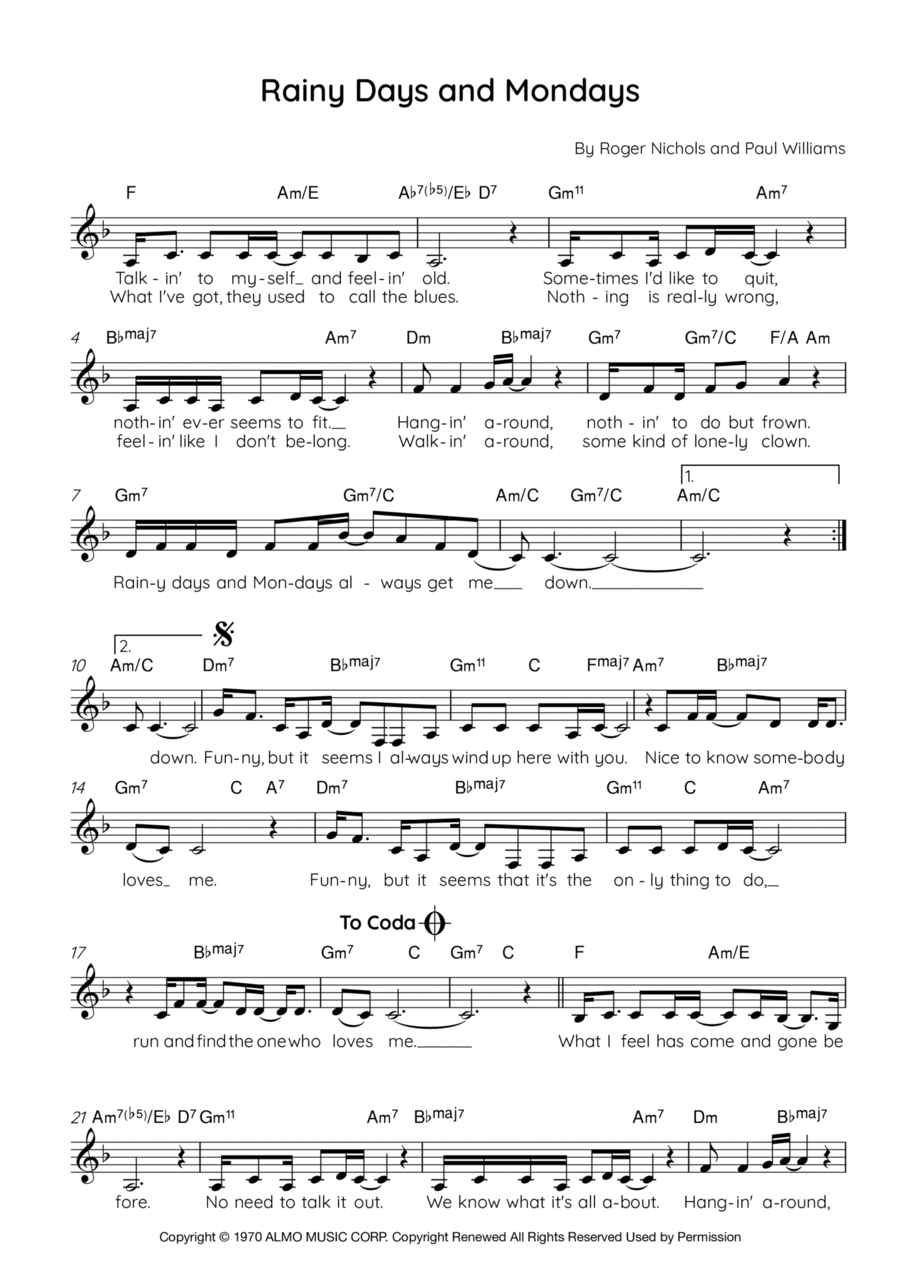 Rainy Days And Mondays Unison Choir scores gallery preview page 1