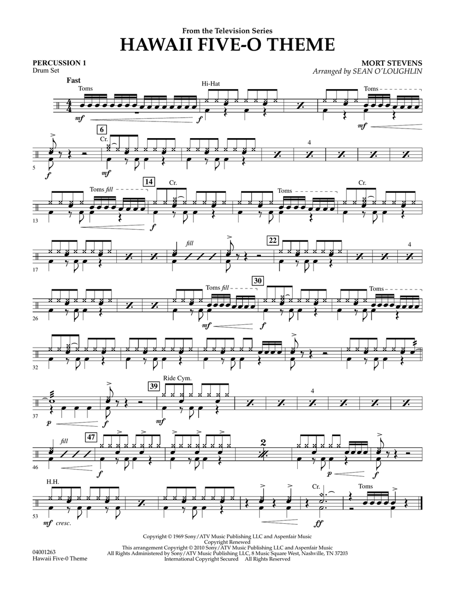 Hawaii Five-O Theme - Percussion 1 Concert Band scores gallery preview page 1